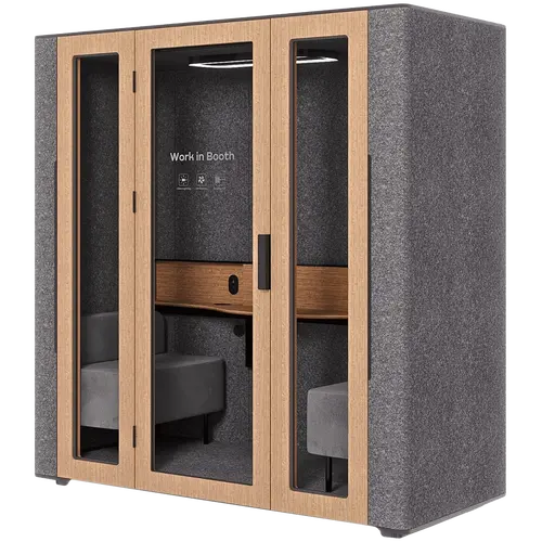 WorkBooth Two with Media hub integration spot, Blind back wall, Light grey felt, natural oak veneer, Jazz Graphite fabric for sofa