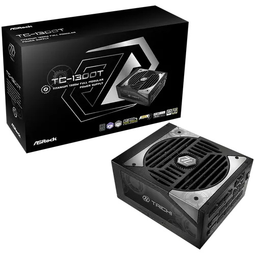 Asrock TC-1300T, 1300W, 80 Plus Titanium, Fully Modular PSU, Japanese Capacitors, 2x EPS 12V CPU(4+4pin), 2x PCIe5.1 (12+4pin), 8x PCIe (6+2pin), 3x 4-pin connectors, 9x SATA, OCP, SCP, OVP, UVP, OTP, OPP protections, 135 mm Axial Fan, ATX 3.1