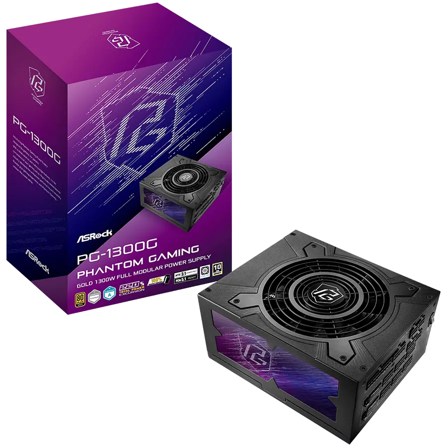 Asrock PG-1300G, 1300W, 80 Plus Gold, sursă complet modulară, condensatori japonezi, 2x EPS 12V CPU(4+4pin), 2x PCIe5.1 (12+4pin), 6x PCIe (6+2pin)