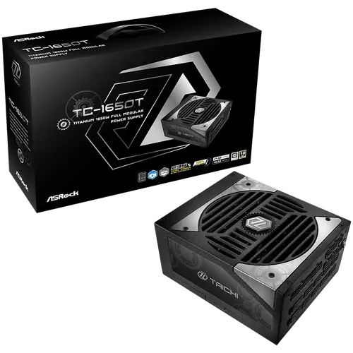 Asrock TC-1650T, 1650W, 80 Plus Titanium, Fully Modular PSU, Japanese Capacitors, 2x EPS 12V CPU(4+4pin), 2x PCIe5.1 (12+4pin), 8x PCIe (6+2pin), 6x 4-pin connectors, 12x SATA, OCP, SCP, OVP, UVP, OTP, OPP protections, 135 mm Axial Fan, ATX 3.1 - 1