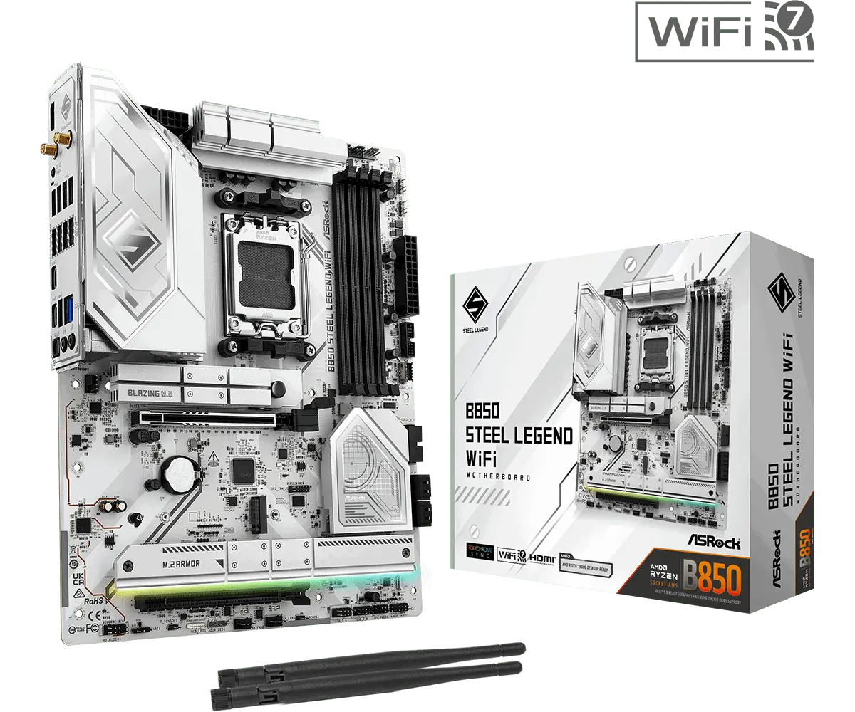 ASROCK Μητρική πλακέτα Desktop B850 STEEL LEGEND WIFI, AM5, 4x DDR5, 1x PCIe 5.0 x16, 1x Blazing M.2(PCIe Gen5x4), 3x Hyper M.2, 4x SATA3, RAID 0