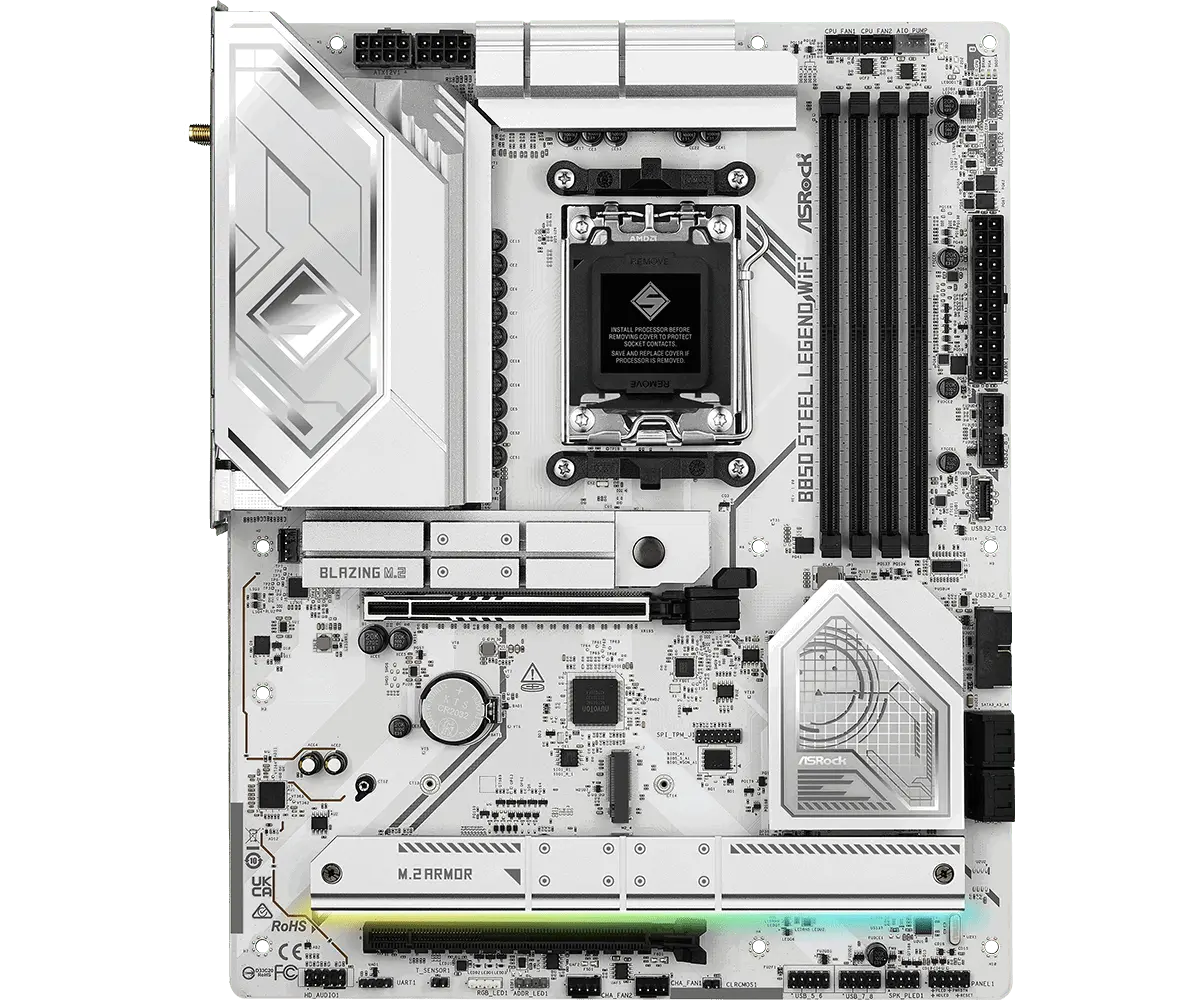 ASROCK MB Desktop B850 STEEL LEGEND WIFI, AM5, 4x DDR5, 1x PCIe 5.0 x16, 1x Blazing M.2(PCIe Gen5x4), 3x Hyper M.2, 4x SATA3, RAID 0, 1, 10, 7.1 CH HD Audio, 1x HDMI, 9x USB 3.2, 8x USB 2.0, 3x USB-C, 2.5G LAN, 2x Wi-Fi 7, 1x HDMI, 1x SPDIF, ATX - image 1