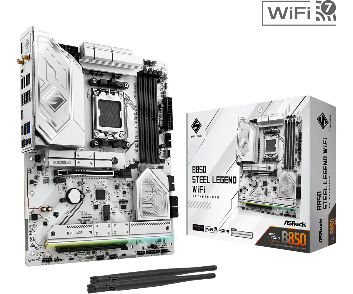 ASROCK MB Desktop B850 STEEL LEGEND WIFI, AM5, 4x DDR5, 1x PCIe 5.0 x16, 1x Blazing M.2(PCIe Gen5x4), 3x Hyper M.2, 4x SATA3, RAID 0, 1, 10, 7.1 CH HD Audio, 1x HDMI, 9x USB 3.2, 8x USB 2.0, 3x USB-C, 2.5G LAN, 2x Wi-Fi 7, 1x HDMI, 1x SPDIF, ATX - image 4