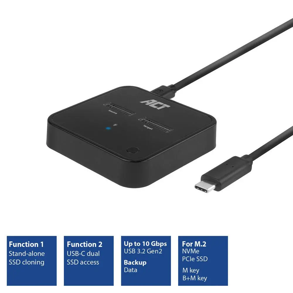 Двойна SSD докинг станция, ACT M.2 NVMe/PCIe за клониране, USB-C 3.2 Gen2, 10 Gbps - image 1