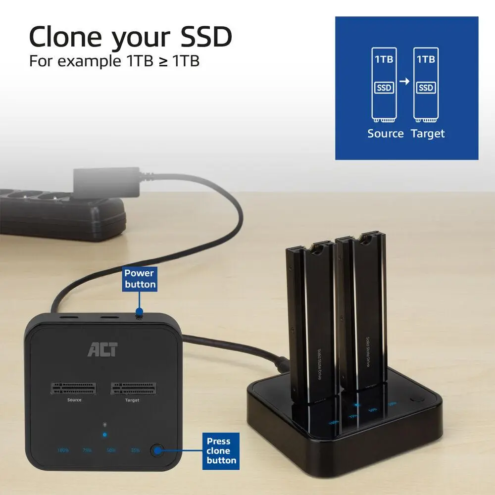 Двойна SSD докинг станция, ACT M.2 NVMe/PCIe за клониране, USB-C 3.2 Gen2, 10 Gbps - image 3