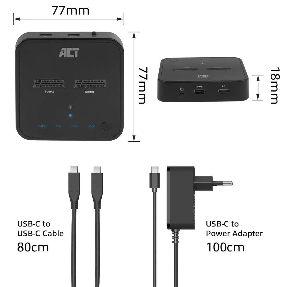 Двойна SSD докинг станция, ACT M.2 NVMe/PCIe за клониране, USB-C 3.2 Gen2, 10 Gbps - image 7