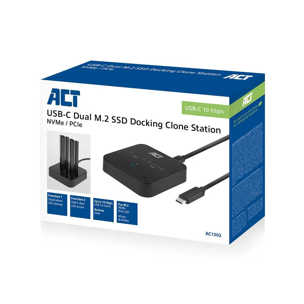 Двойна SSD докинг станция, ACT M.2 NVMe/PCIe за клониране, USB-C 3.2 Gen2, 10 Gbps - image 8