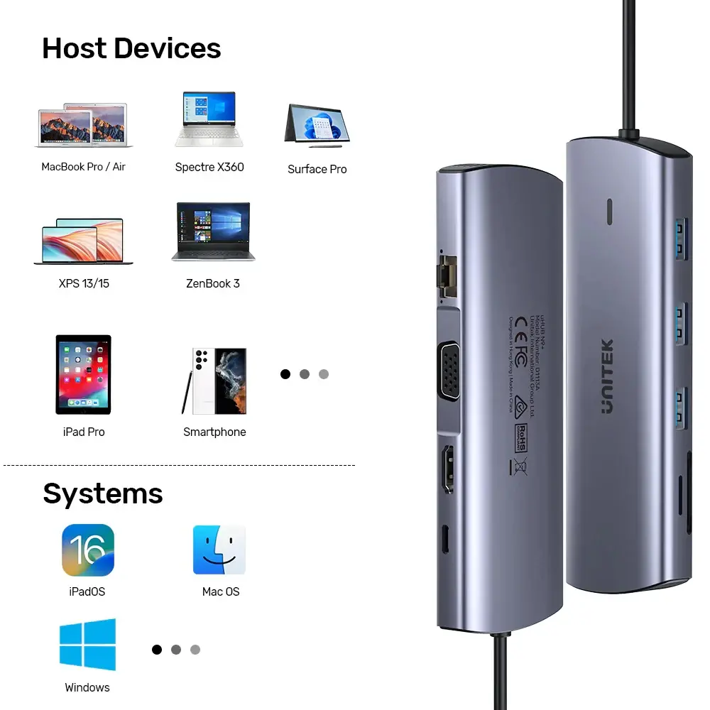 Unitek докинг станция Type-C Docking Station PD3.0 100W - HDMI, USB-C x 1, USB3.0 x 3, LAN, SD, VGA - D1113A - image 6