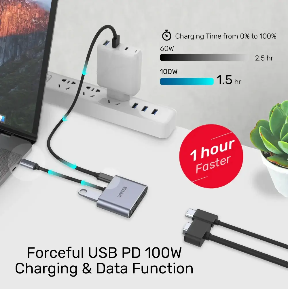 Unitek докинг станция Docking Station Type-C 4-in-1 - uHUB Q4+ Lite D1049A - USB-C PD100W x 1, HDMI x 1, VGA, USB2.0 x 1 - image 5