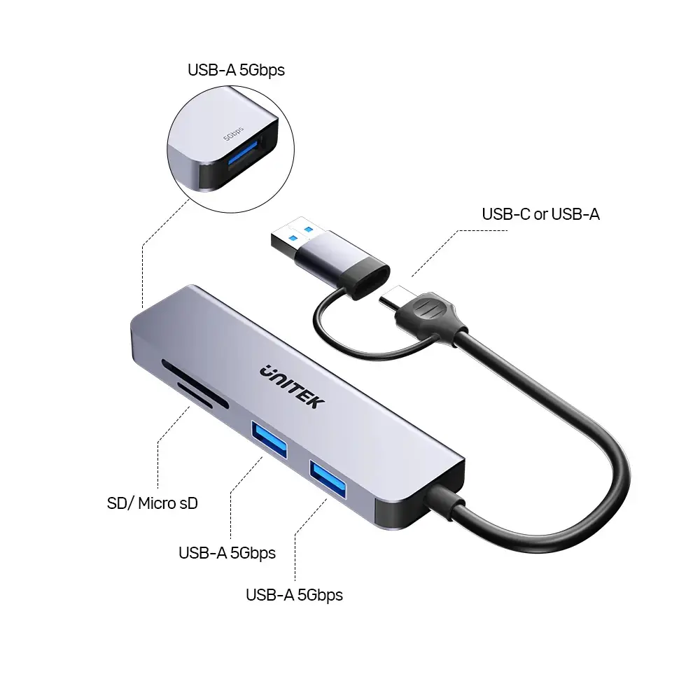 Unitek хъб HUB USB-C/USB-A 3 port uHUB P5+ - USB3.0 x 3, Card reader, Aluminium - H1320AGY01 - image 2