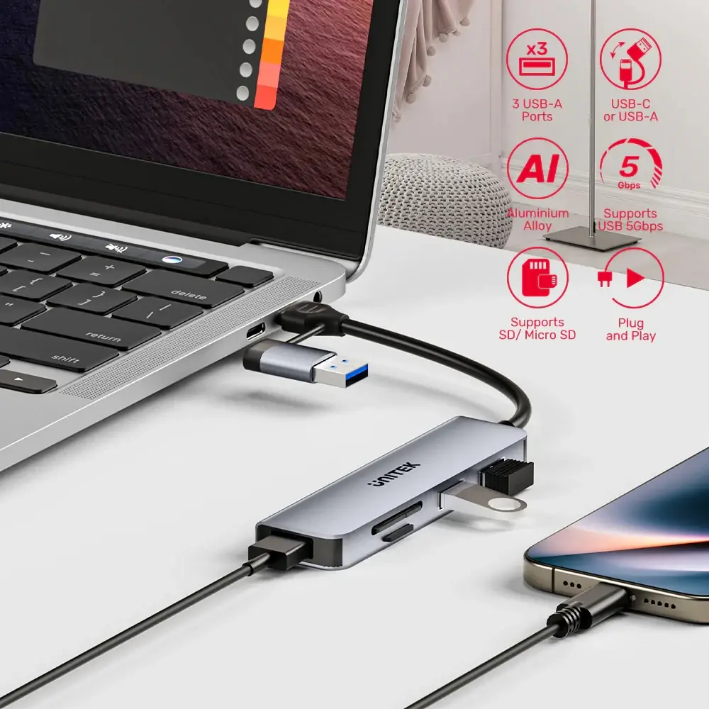 Unitek хъб HUB USB-C/USB-A 3 port uHUB P5+ - USB3.0 x 3, Card reader, Aluminium - H1320AGY01 - image 3