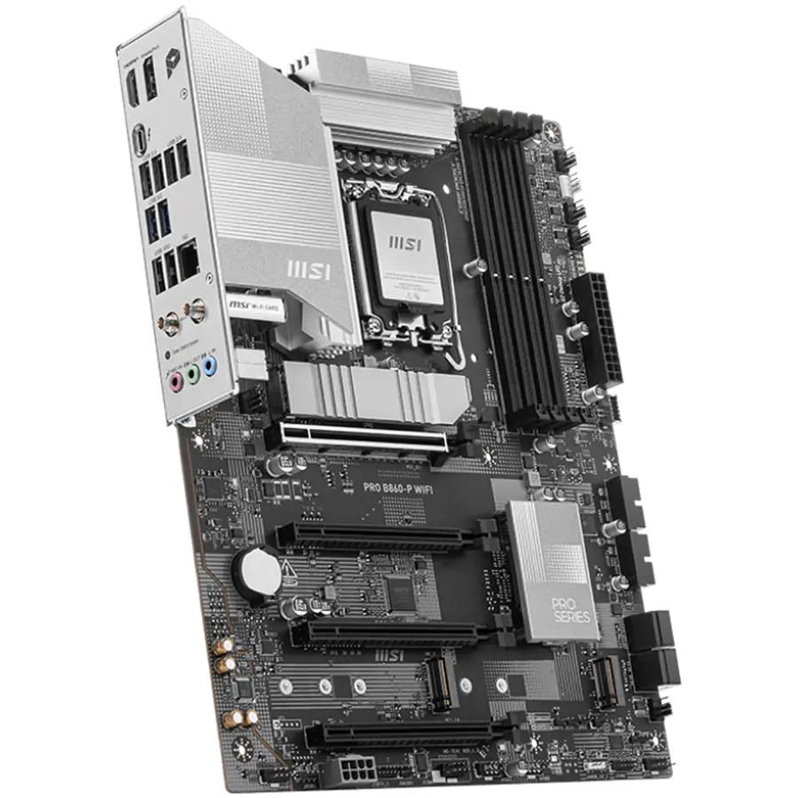 MSI PRO B860-P WIFI, ATX, LGA 1851, 4x DDR5 Dual Channel DDR5 up to 8600(OC)MHz, 4x PCIe x16 slot, 3x M.2 slot, 4x USB 2.0, 2x USB 5Gbps, 2x USB 10Gbps, 1x USB 40Gbps Type-C, HDMI, DP, 7.1 HD Audio, 5G LAN, WiFi, BT, 3Y - image 1