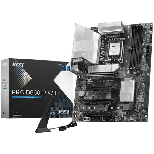 MSI PRO B860-P WIFI, ATX, LGA 1851, 4x DDR5 Dual Channel DDR5 up to 8600(OC)MHz, 4x PCIe x16 slot, 3x M.2 slot, 4x USB 2.0, 2x USB 5Gbps, 2x USB 10Gbps, 1x USB 40Gbps Type-C, HDMI, DP, 7.1 HD Audio, 5G LAN, WiFi, BT, 3Y