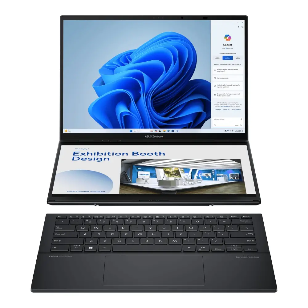 Лаптоп, Asus ZenBook Duo 14 UX8406CA-PZ042X, Screen Pad Plus, INTEL ARL H Core Ultra 9 14" OLED, WQXGA+ ( 2880X1800 ) 16:10Touch, 32GB, 2TB SSD, Soft Keyboard, Windows 11 Pro,Gray, BackpackSleeve