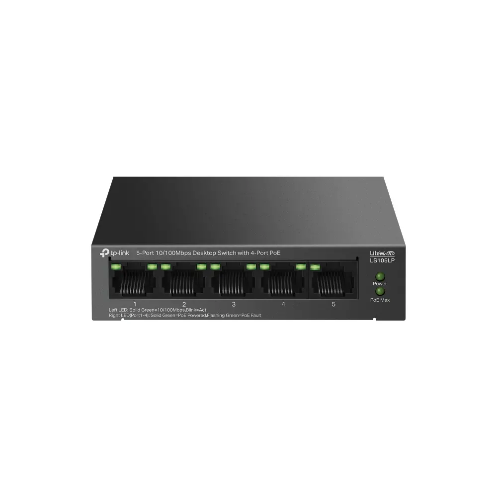 TP-Link LS105LP 5-Port 10/100 Mbps Desktop Switch with 4-Port PoE, 4× 10/100 Mbps PoE Ports, 1× 10/100 Mbps Non-PoE Port, 802.3af, 41 W PoE Power, Desktop Steel Case, Extend Mode for 250m PoE Transmitting, PoE Auto Recovery, Plug and Play