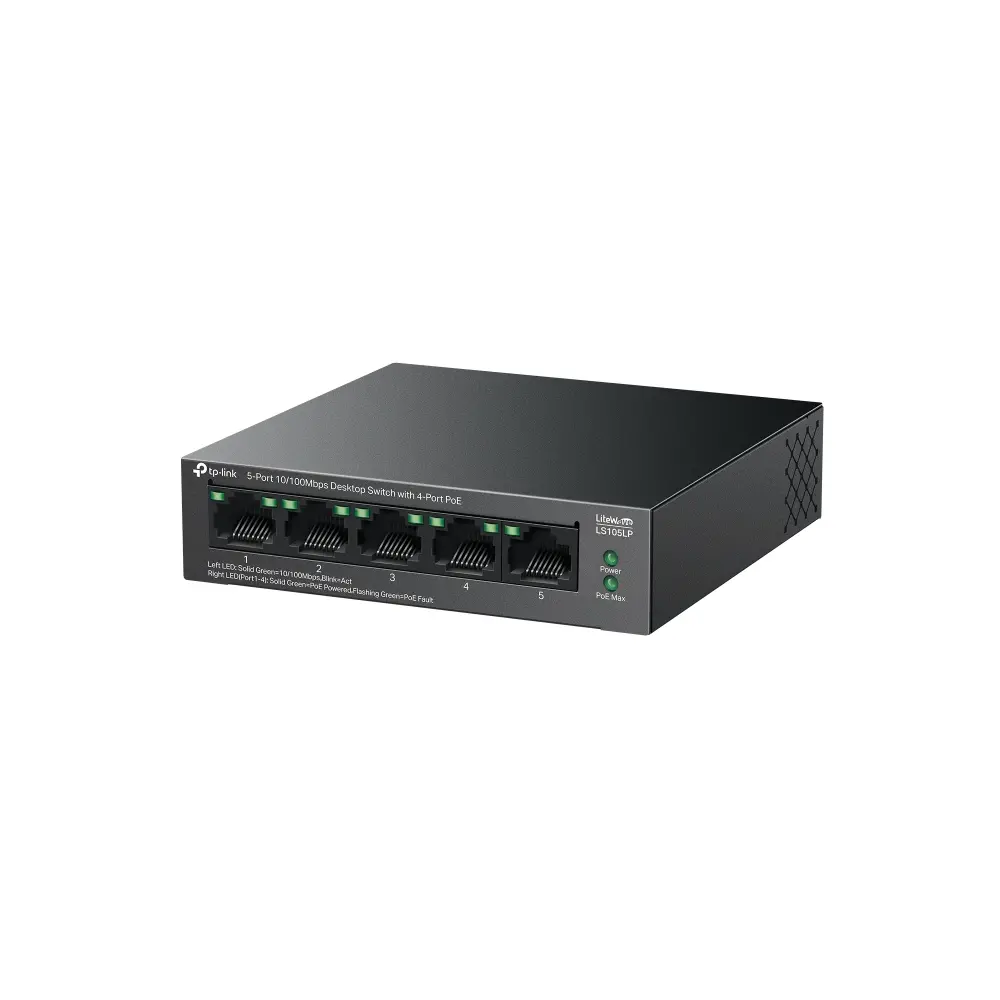 TP-Link LS105LP 5-Port 10/100 Mbps Desktop Switch with 4-Port PoE, 4× 10/100 Mbps PoE Ports, 1× 10/100 Mbps Non-PoE Port, 802.3af, 41 W PoE Power, Desktop Steel Case, Extend Mode for 250m PoE Transmitting, PoE Auto Recovery, Plug and Play - image 2