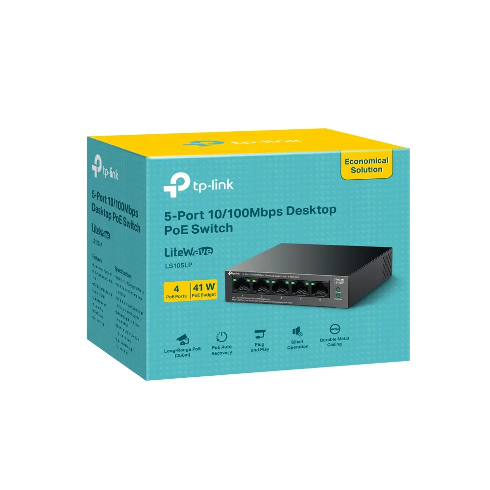 TP-Link LS105LP 5-Port 10/100 Mbps Desktop Switch with 4-Port PoE, 4× 10/100 Mbps PoE Ports, 1× 10/100 Mbps Non-PoE Port, 802.3af, 41 W PoE Power, Desktop Steel Case, Extend Mode for 250m PoE Transmitting, PoE Auto Recovery, Plug and Play - image 3