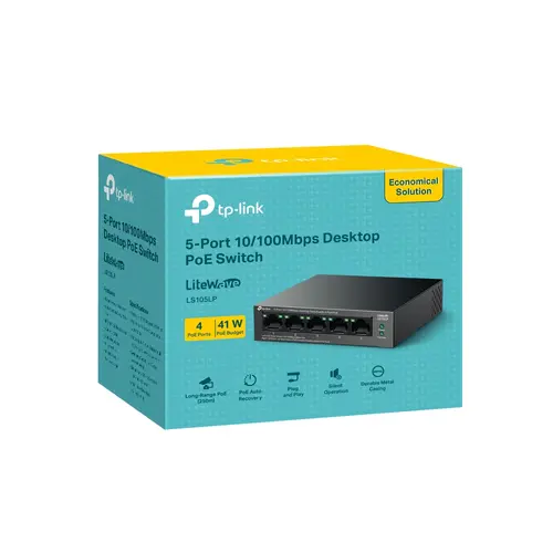 TP-Link LS105LP 5-Port 10/100 Mbps Desktop Switch with 4-Port PoE, 4× 10/100 Mbps PoE Ports, 1× 10/100 Mbps Non-PoE Port, 802.3af, 41 W PoE Power, Desktop Steel Case, Extend Mode for 250m PoE Transmitting, PoE Auto Recovery, Plug and Play - image 3