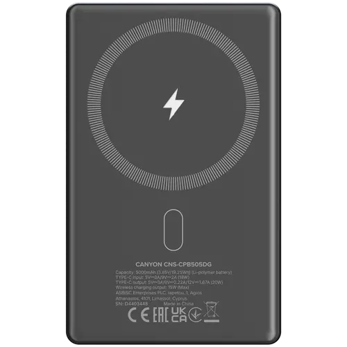 CANYON power bank OnPower 505 slim Magnetic 5000 mAh PD20W Dark Grey - image 2