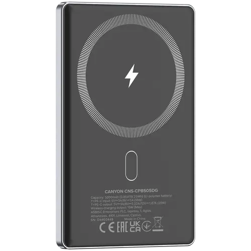 CANYON power bank OnPower 505 slim Magnetic 5000 mAh PD20W Dark Grey - image 3