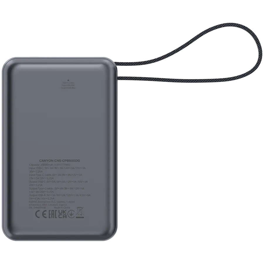 CANYON power bank OnPower 600 built-in cable 20000 mAh PD65W Dark Grey - image 4