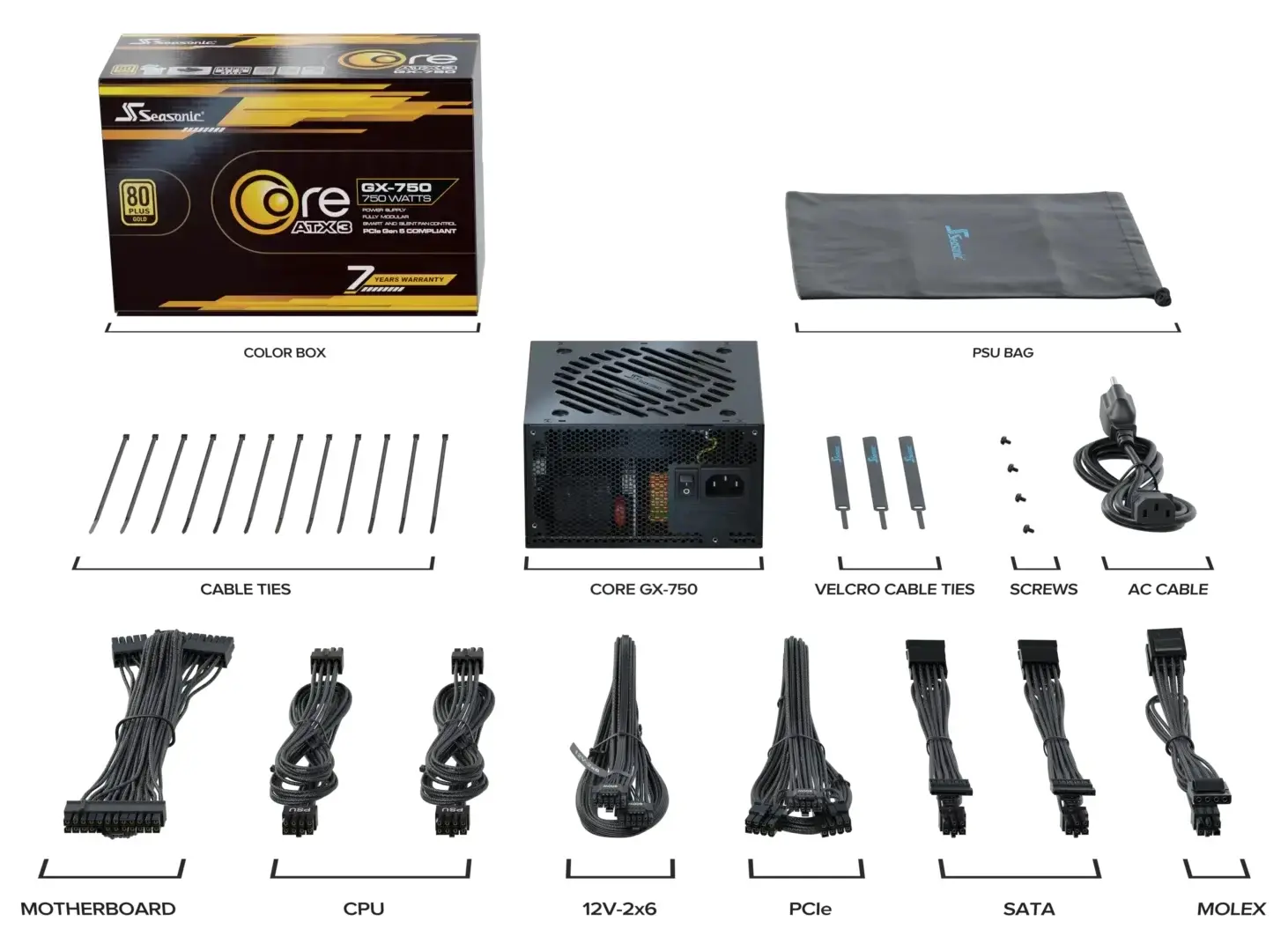 Seasonic захранване PSU ATX 3.1 750W Gold, Full Modular, PCIe 5.1 - CORE GX-750 V2 - SRP-CGX751-A5A32SF - image 5