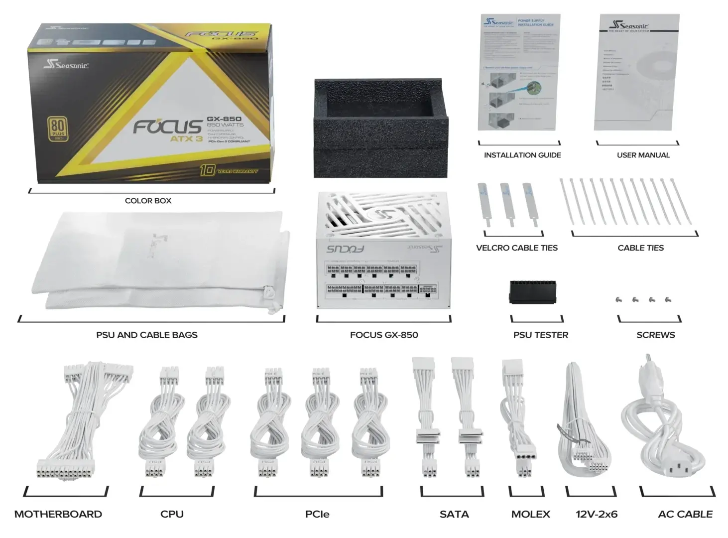 Seasonic захранване PSU ATX 3.1 850W Gold, Full Modular, PCIe 5.1 - FOCUS-GX-850-V4-WHITE - image 9