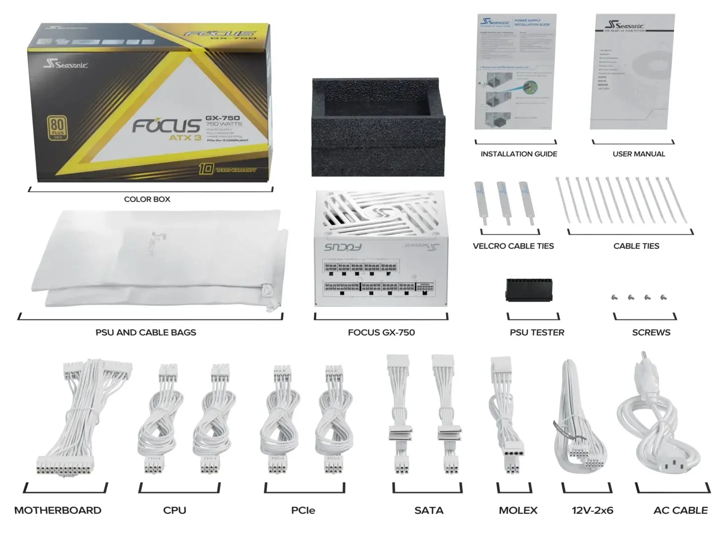 Seasonic захранване PSU ATX 3.1 750W Gold, Full Modular, PCIe 5.1 - FOCUS-GX-750-V4-WHITE - image 9