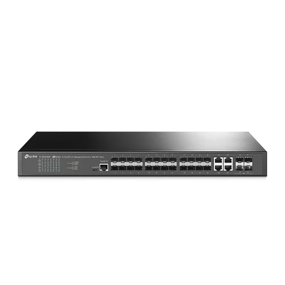Omada Switch Managed L2+ cu 24 de porturi SFP 20× porturi Gigabit SFP, 4× porturi Combo Gigabit SFP/RJ45, 4× sloturi 10G SFP+, port de consolă