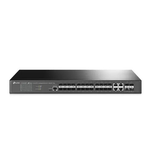 Omada 24-Port SFP L2+ Managed Switch 20× Gigabit SFP Ports, 4× Gigabit SFP/RJ45 Combo Ports, 4× 10G SFP+ Slots, RJ45/Micro-USB Console Port 1U 19-inch Rack-mountable Steel Case Integration with Omada SDN Controller