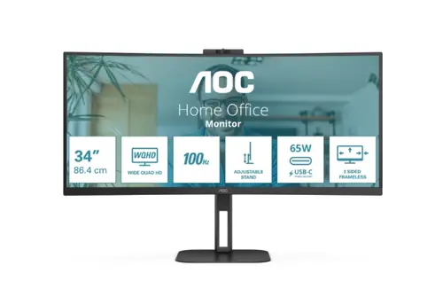 Монитор, AOC CU34V5C/BK, 34" Curved 1500R VA WLED, 3440x1440@100Hz, 4ms GtG, 1ms MPRT, 300cd m/2, 3000:1, 20M:1 DCR, Adaptive Sync, FlickerFree, Low Blue Light, 5Wx2, Tilt, Height Adjust, Swivel, HDMI, DP, USB hub - image 1