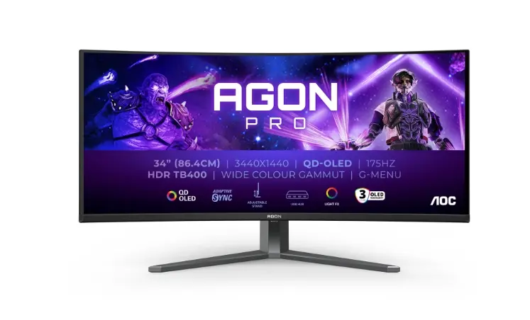 Монитор, AOC AG346UCD, 34" Curved 1800R QD-OLED, 3440x1440@175Hz, 0.03msGtG, 1000 cd/m2, 1.5M:1, 80M:1DCR, Adaptive Sync, FlickerFree, Low Blue Light, 8Wx2, Tilt, Height Adjust, Swivel, 2xHDMI, DP, USB hub - image 1