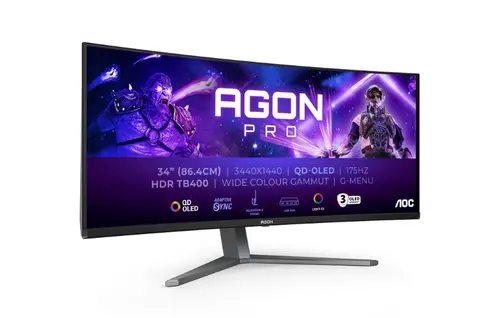 Монитор, AOC AG346UCD, 34" Curved 1800R QD-OLED, 3440x1440@175Hz, 0.03msGtG, 1000 cd/m2, 1.5M:1, 80M:1DCR, Adaptive Sync, FlickerFree, Low Blue Light, 8Wx2, Tilt, Height Adjust, Swivel, 2xHDMI, DP, USB hub - 1
