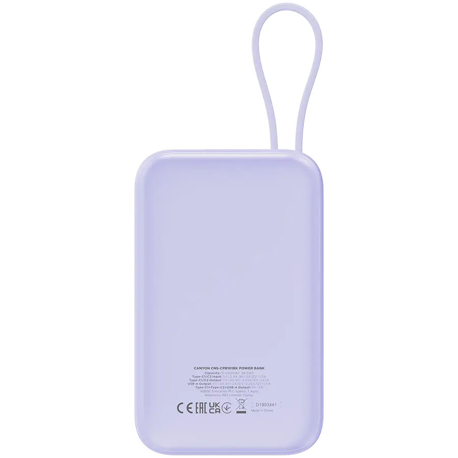 CANYON power bank OnPower 101 built-in cable 10000 mAh PD22.5W Purple - image 3