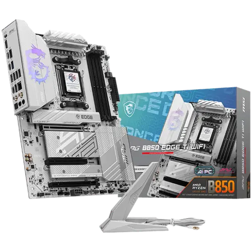 MSI MPG B850 EDGE TI WIFI, ATX, Socket AM5, 4x DDR5 Dual Channel DDR5 up to 8400(OC)MHz, 3x PCIe 3.0 x16 slot, 4x M.2 slot, 4x USB 2.0, 1x USB 5Gbps, 2x USB 10Gbps, 3x USB 10Gbps Type-C, HDMI, 7.1 HD Audio, 5G LAN, WiFI 7, BT, 3Y