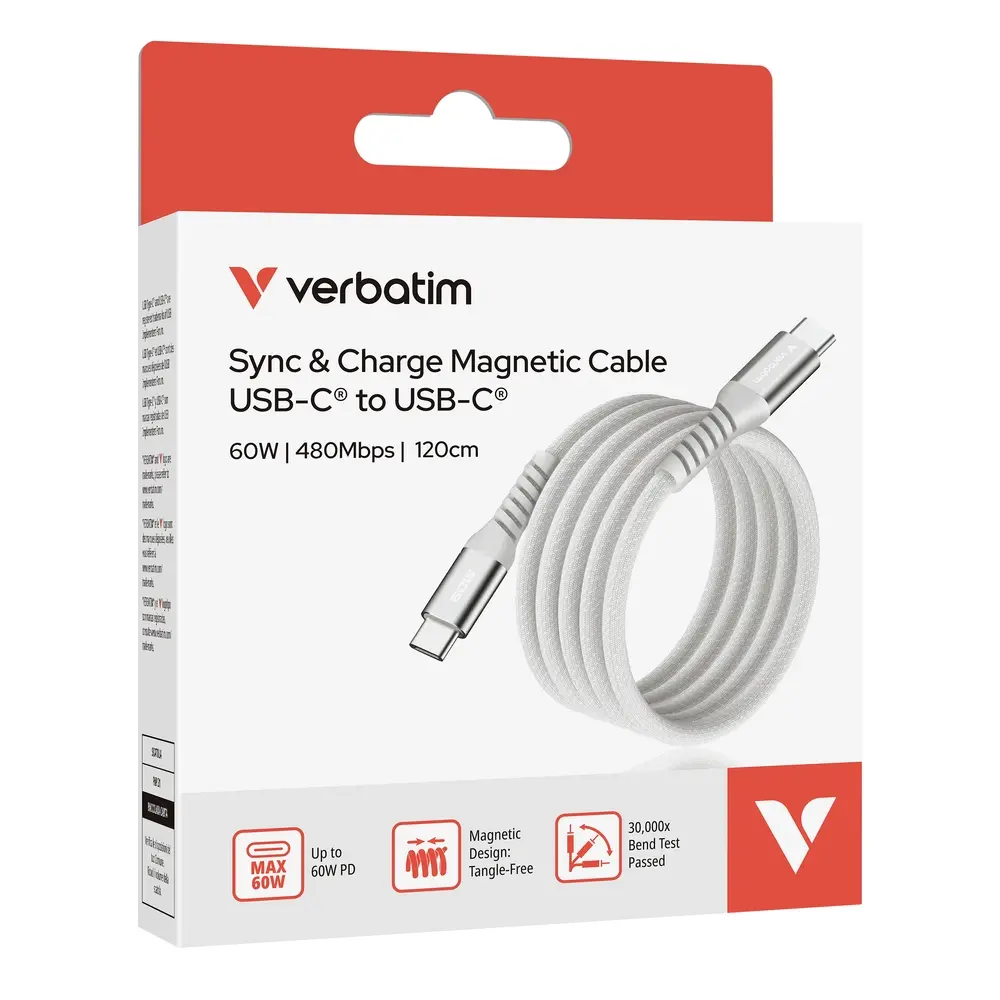 Кабел, Verbatim Sync & Charge USB-C to USB-C 60W Magnetic 120 cm - Grey - image 4