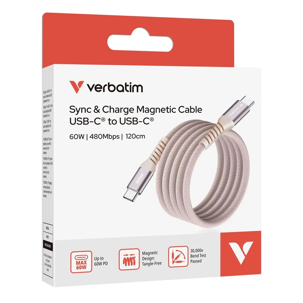 Кабел, Verbatim Sync & Charge USB-C to USB-C 60W Magnetic 120 cm - Pink - image 4
