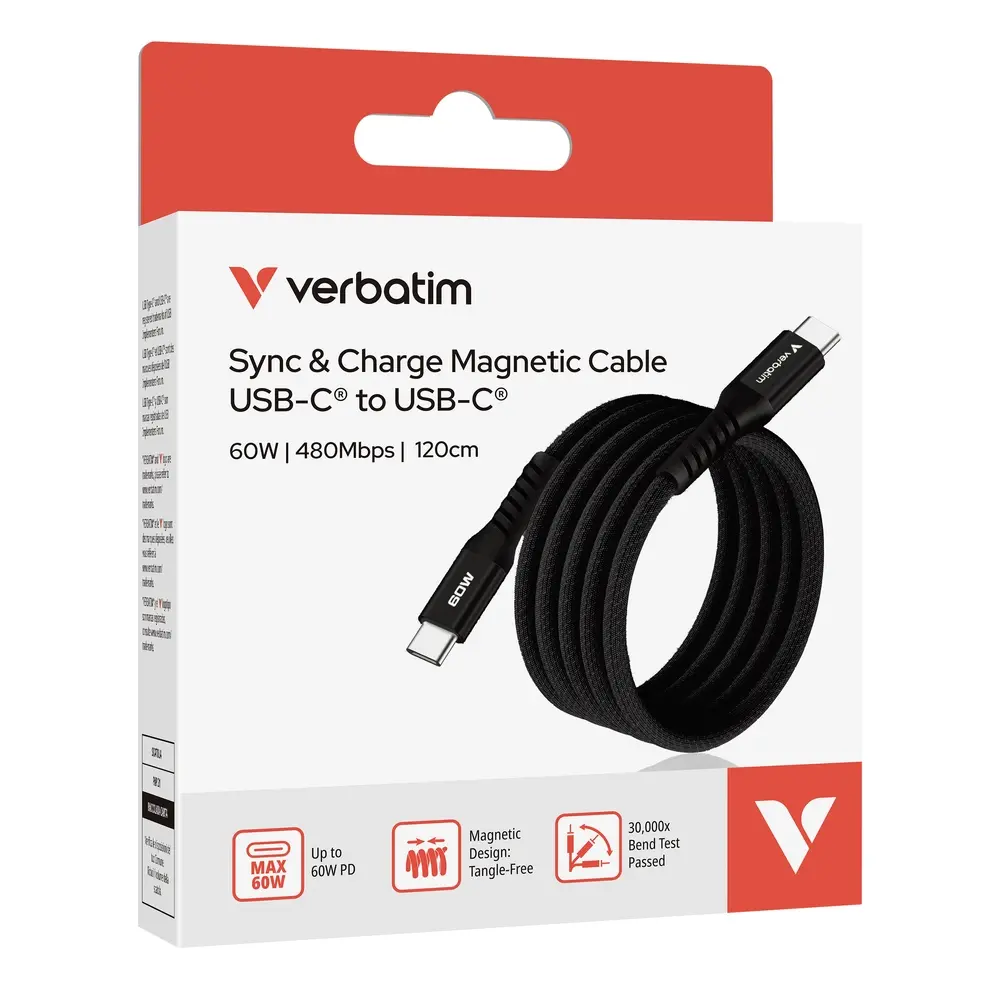 Кабел, Verbatim Sync & Charge USB-C to USB-C 60W Magnetic 120 cm - Black - image 4