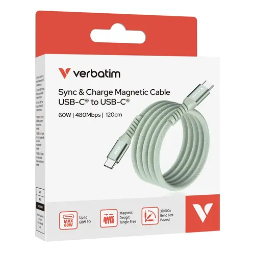 Кабел, Verbatim Sync & Charge USB-C to USB-C 60W Magnetic 120 cm - Green - image 4