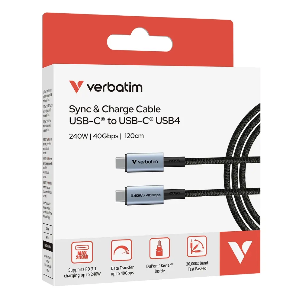 Кабел, Verbatim Sync & Charge USB-C to USB-C 240W 40 Gbps 120 cm - image 3