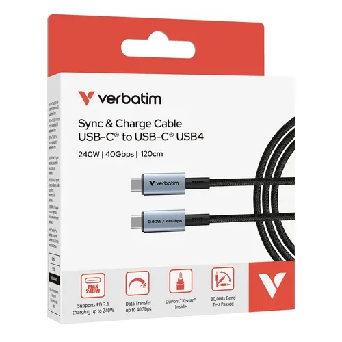 Кабел, Verbatim Sync & Charge USB-C to USB-C 240W 40 Gbps 120 cm - image 3