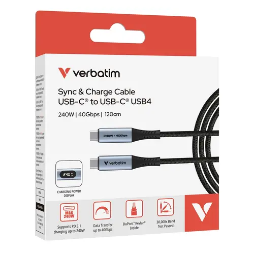 Кабел, Verbatim Sync & Charge USB-C to USB-C 240W 40 Gbps Display 120 cm - image 3