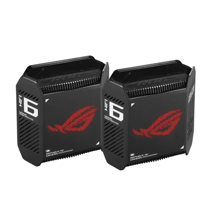 Меш система, Asus Gaming Mesh WiFi system, ROG Rapture GT6 2PK, AX10000,Tri-Band, up to 540m2, Tri-Core 1.7GHz CPU, 256MB/512MB Flash/RAM, 2.5G port, AiProtection Pro, Adaptive QoS, VPN server/client, IPTV, OFDMA, MU-MIMO, Beamforming, Link Aggregation, AiMesh, Black - image 1