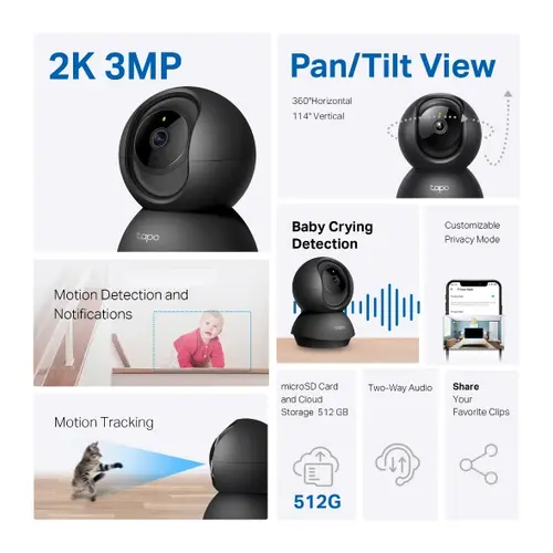 Камера TP-Link Tapo C211, Pan/Tilt, 3MP, ден/нощ до 9м., Micro SD, микрофон - image 2