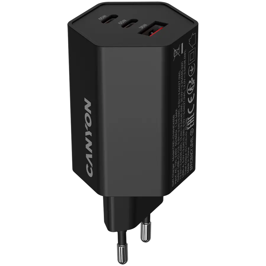 CANYON charger HEXAGON 65 GaN 65W 2xPD 1xQC EU Black