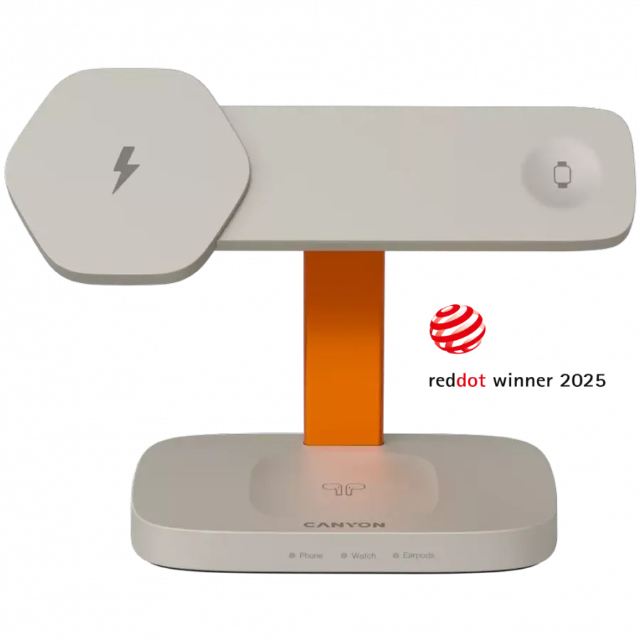 CANYON Stație de încărcare wireless Hexagon 310 3în1 gri deschis/portocaliu