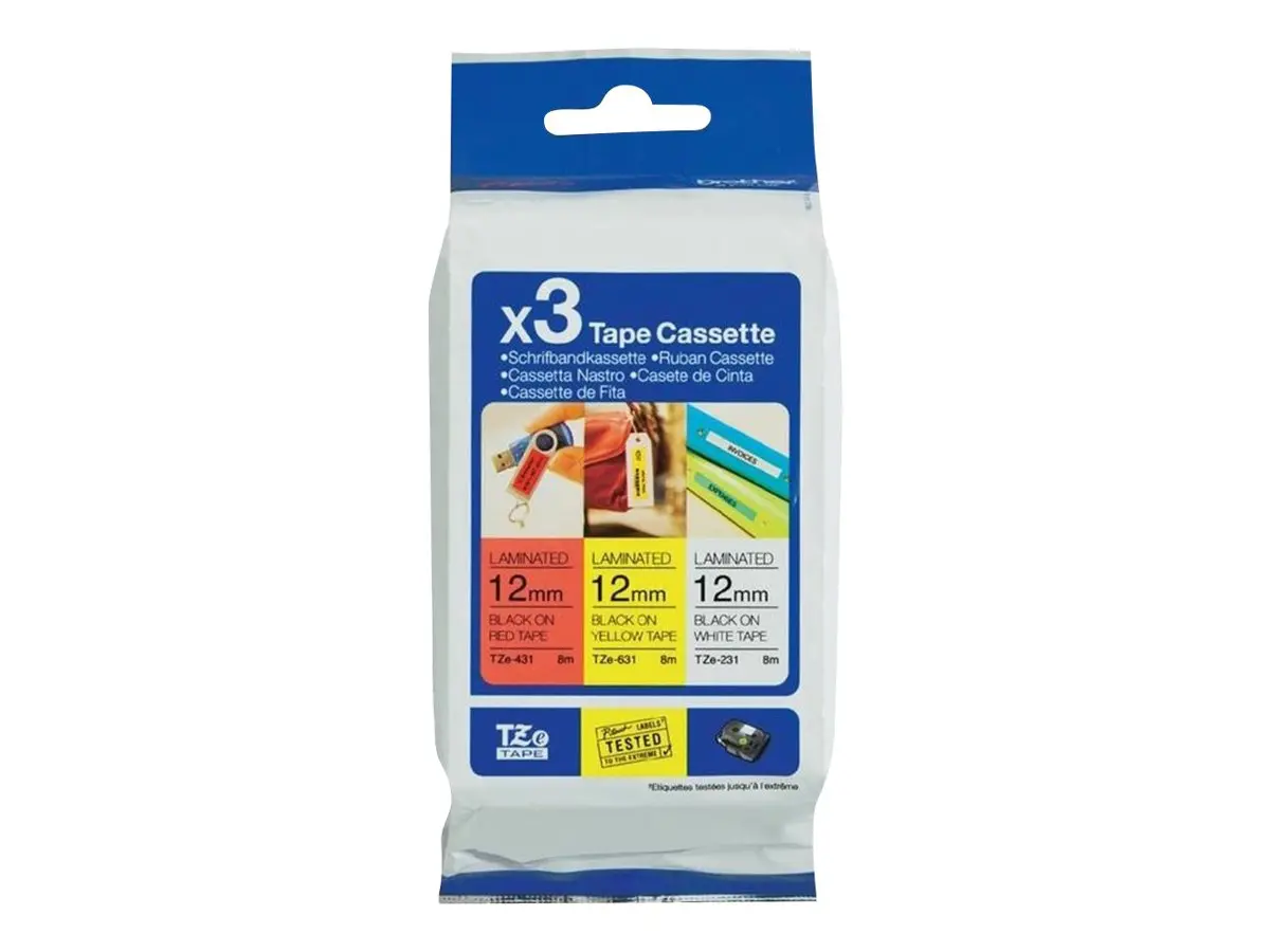BROTHER TZE31M3 casetă de bandă 12mmx8m pachet de 3 buc. TZ231 alb negru TZ431 roșu negru TZ631 galben negru laminat