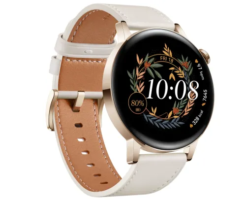 Часовник, Huawei Watch GT 3 42mm, Milo-B19V,  1.32", Amoled, 466x466, PPI 356, 4GB, Bluetooth 5.2, supports BLE/BR/EDR, 5ATM, Battery 292 maAh, Light Gold, White Leather Strap