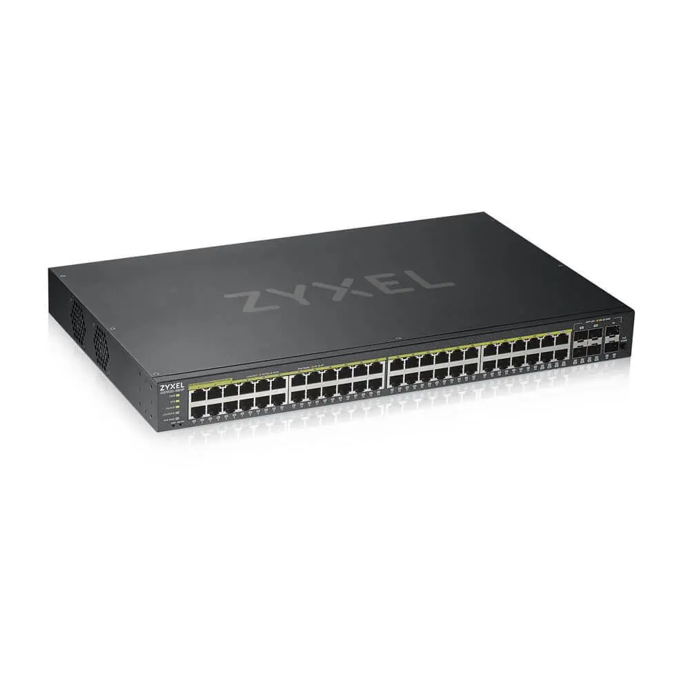 Комутатор, ZyXEL GS1920-48HPv2, 50 Port Smart Managed PoE Switch 44x Gigabit Copper PoE and 4x Gigabit dual pers., hybrid mode, standalone or NebulaFlex Cloud, 375 Watt PoE