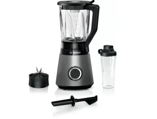 Блендер, Bosch MMB6174S Series 4, VitaPower Blender, 1200 W, Glass ThermoSafe jug 1.5 l, Tritan ToGo bottle 0.6 l, Two speed settings and pulse function, ProEdge stainless steel blades made in Solingen, Silver